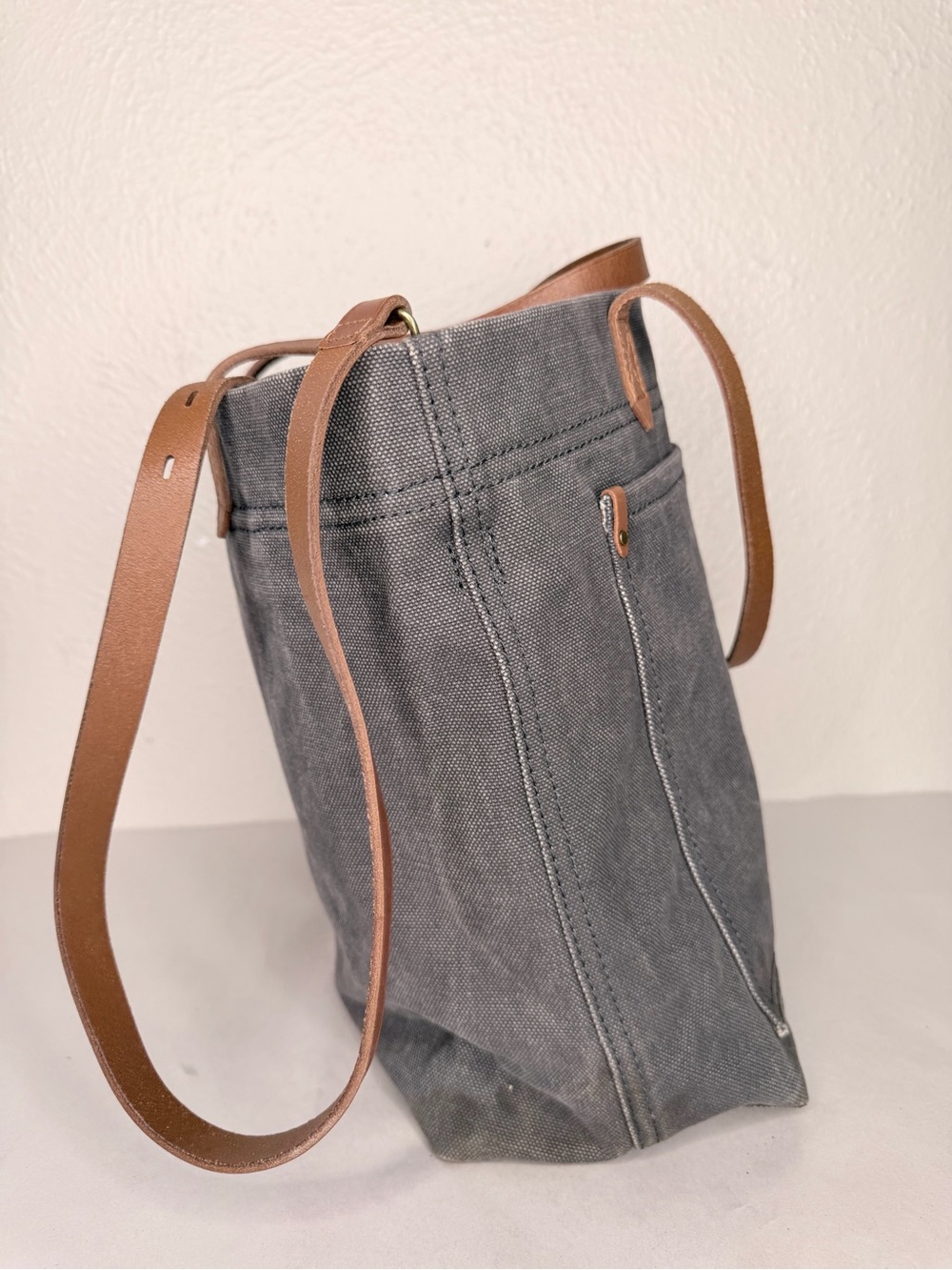 Madewell gray canvas tote bag tan leather straps - Picture 4 of 8